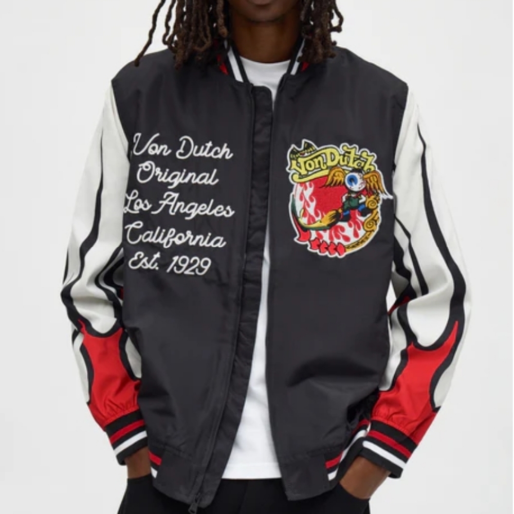 Von Dutch Black, White, and Red Lightweight Bomber Windbreaker Jacket #U - Picture 7 of 9